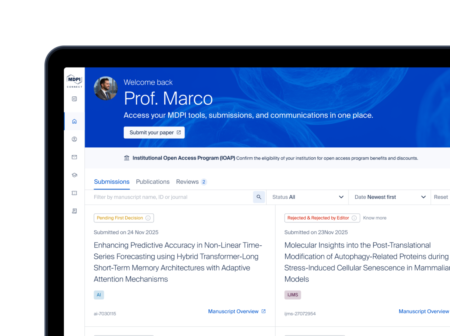 MDPI Connect dashboard on a laptop showing submissions, pending tasks and analytics