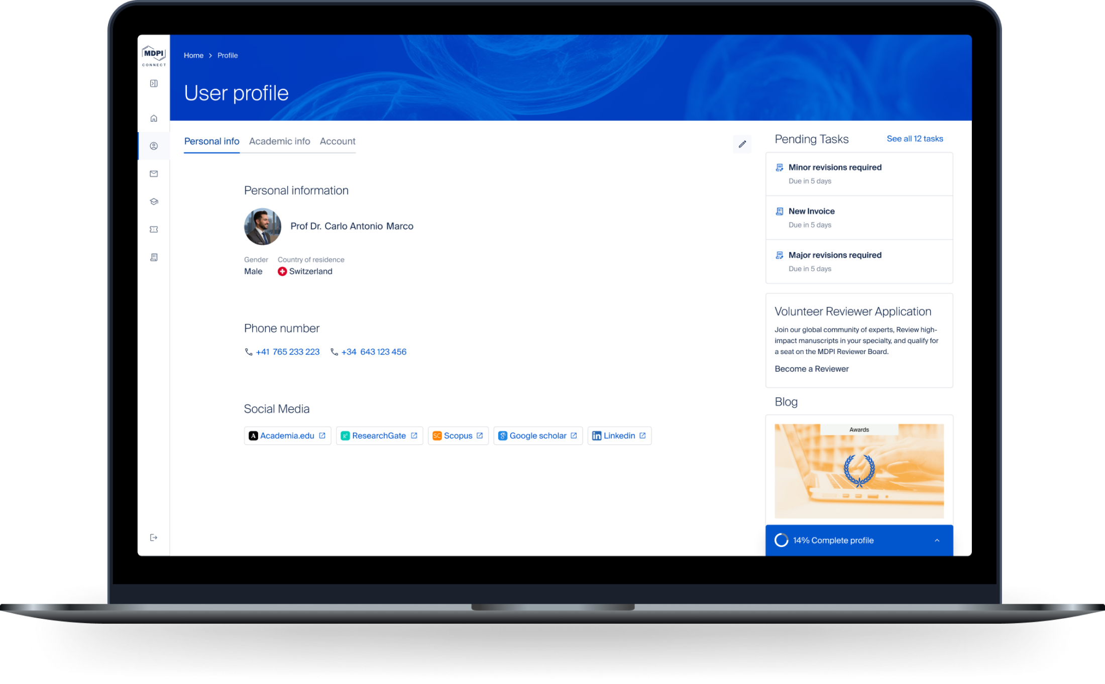 MDPI Connect user profile on a laptop showing personal info and synced social media